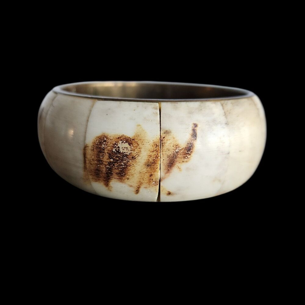 Vtg Brass & Genuine Bone Inlay Bangle Elephant Scrimshaw Pyrography Boho Safari